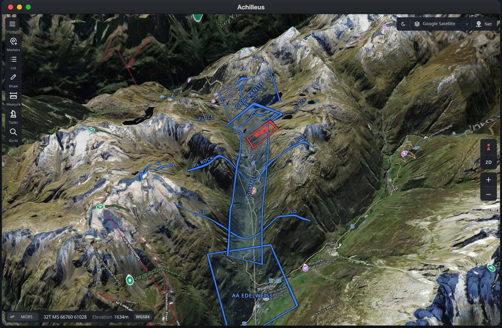 Achilleus 3D on a Mac: an operation plan with phase lines, an objective and an assembly area on 3D terrain